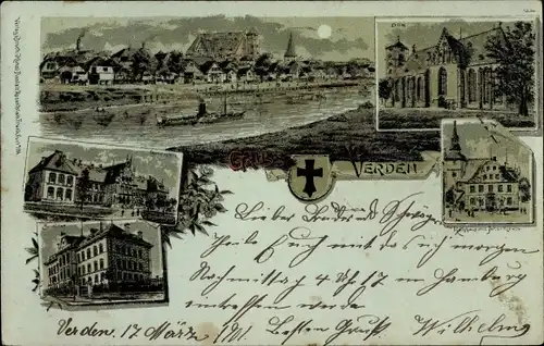 Mondschein Litho Verden an der Aller, Total, Rathaus, Seminar, Dom, Gymnasium, Kirche