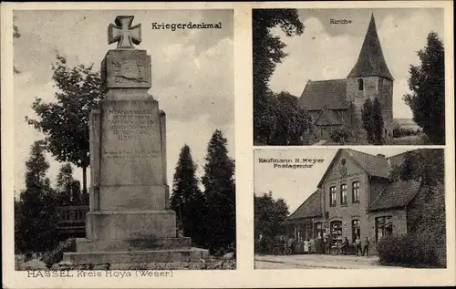 Ak Hassel an der Weser, Kriegerdenkmal, Kirche, Postagentur Kaufmann H. Meyer