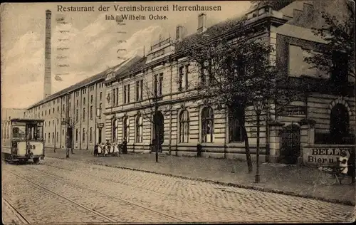 Ak Herrenhausen Hannover in Niedersachsen, Restaurant der Vereinsbrauerei, Straßenbahn