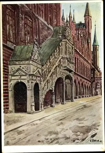 Künstler Ak G. Boese, Lübeck Schleswig Holstein, Rathaus von der Breitenstraße