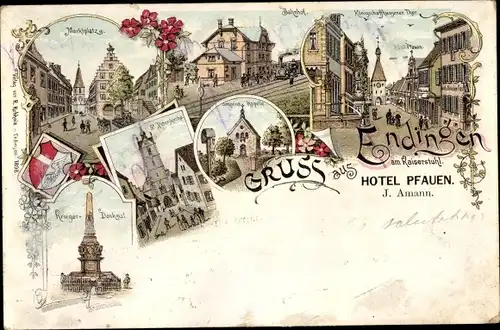 Litho Endingen am Kaiserstuhl, Hotel Pfauen, Marktplatz, Bahnhof, Kirche, Kapelle, Kriegerdenkmal