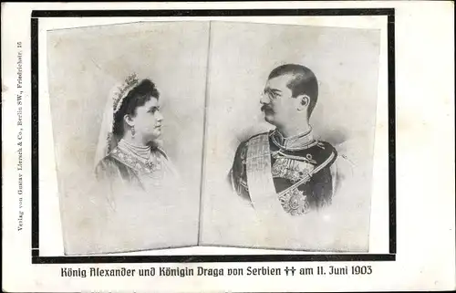 Ak Porträt König Alexander von Serbien, Königin Draga, Trauerkarte zum Tod 1903
