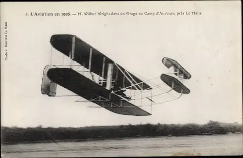 Ak L'Aviation en 1908, Wilbur Wright dans un virage au Camp d'Auvours, Doppeldecker