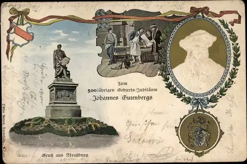 Präge Litho Strasbourg Straßburg Elsass Bas Rhin, zum 500 jähr. Geburtsjubiläum Johannes Gutenbergs