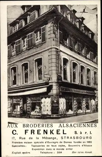 Ak Strasbourg Straßburg Elsass Bas Rhin, Aux Broderies Alsaciennes, 17 Rue de la Mesange