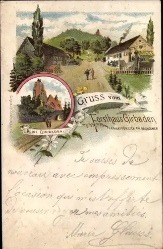 Litho Mollkirch Elsass Bas Rhin, Burgruine Girbaden, Forsthaus Girbaden