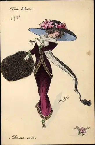 Künstler Ak Roller Skating, Descente rapide, elegante Dame auf Rollschuhen