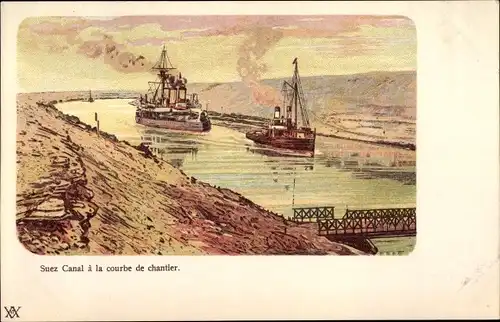 Litho Suez Ägypten, Suezkanal, Courbe de Chantier, Kriegsschiff