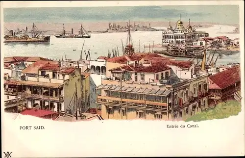 Litho Port Said Ägypten, Entree du Canal, Suezkanal, Hafen, Einfahrt