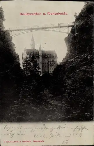 Ak Hohenschwangau Schwangau im Ostallgäu, Schloss Neuschwanstein mit Marienbrücke