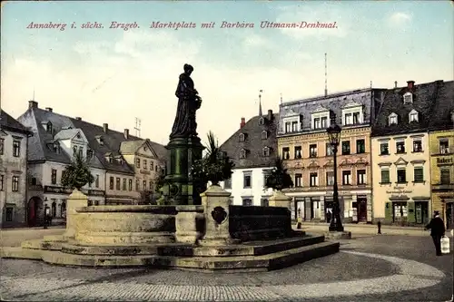 Ak Annaberg Buchholz Erzgebirge, Marktplatz mit Barbara Uttmann Denkmal