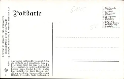 Künstler Ak Rothgeb., G., Auerbach Bensheim an der Bergstraße Hessen, Schloss