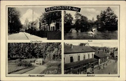 Ak Neumünster in Holstein, Kleinflecken, Teich, Rencks Anlagen, Bahnhof