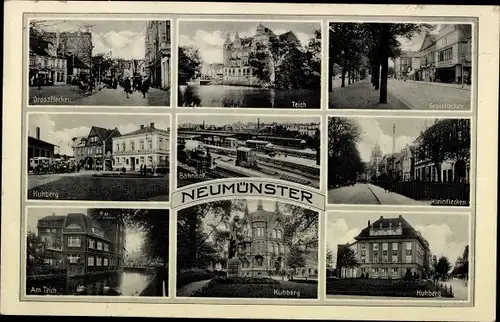 Ak Neumünster in Holstein, Rathaus, Kuhberg, Klein- und Großflecken, Teich, Bahnhof