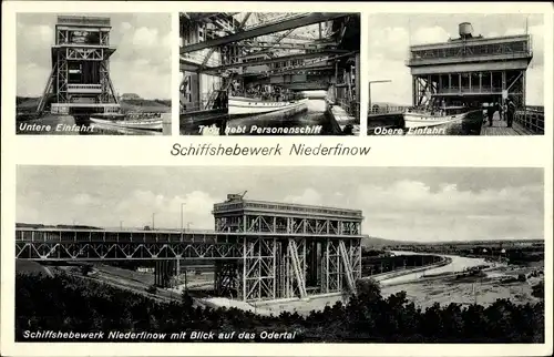 Ak Niederfinow im Barnim, Schiffshebewerk mit Blick auf das Odertal, Untere und obere Einfahrt
