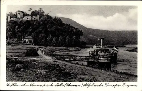 Ak Polle an der Weser, abfahrender Dampfer, Burgruine