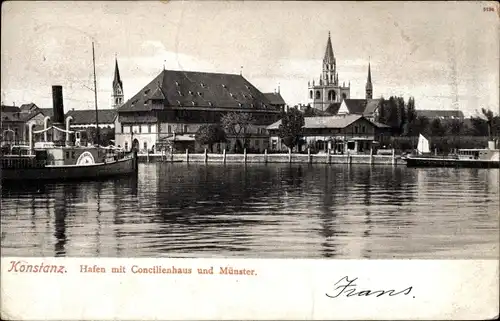 Ak Konstanz am Bodensee, Hafen mit Konzilumshaus und Münster, Salondampfer