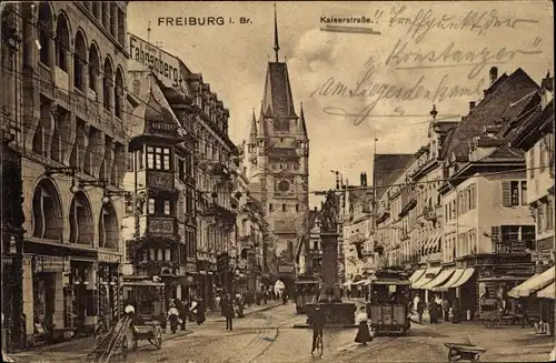 Ak Freiburg im Breisgau, Kaiserstraße, Zum Fahnenberg, Zigarrengeschäft, Straßenbahn