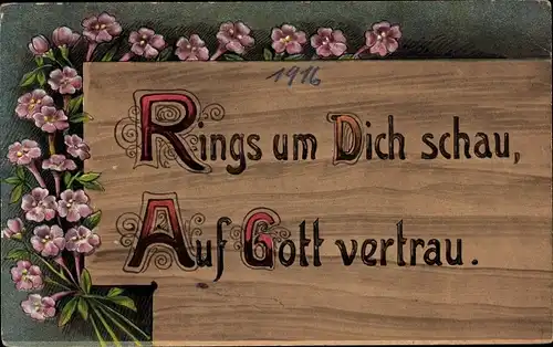 Ak Rings um Dich schau, Auf Gott vertrau, Pinke Blumen, Holzbrett