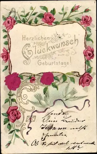 Präge Ak Glückwunsch Geburtstag, Rosen, Tauben