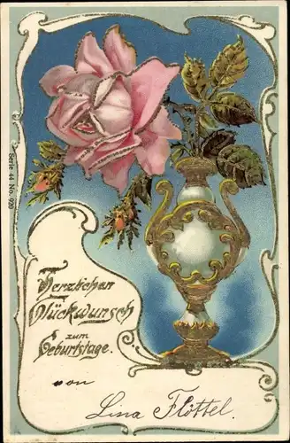 Präge Ak Glückwunsch Geburtstag, Rose in der Blumenvase