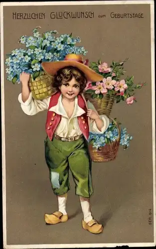 Präge Ak Glückwunsch Namenstag, Junge mit Blumenkörben
