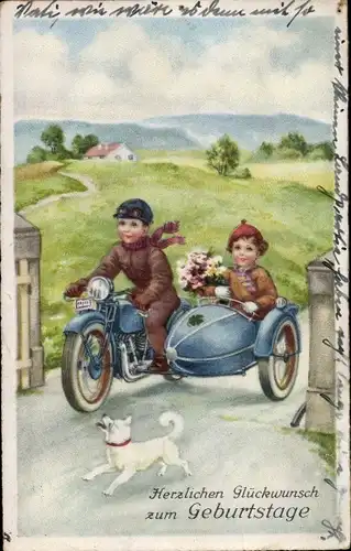 Ak Glückwunsch Geburtstag, Motorrad, Kinder, Hund, Blumenstrauß
