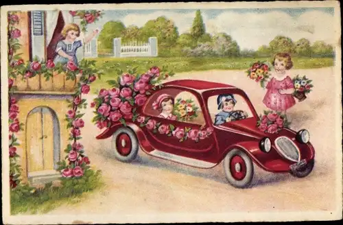 Ak Frau mit Chauffeur in einem roten Automobil, Rosenblüten, Kitsch