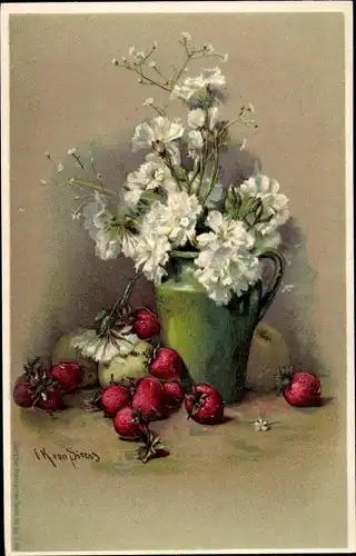 Künstler Ak v. Sivers, C.K., Stillleben, Krug mit Blumen, Erdbeeren