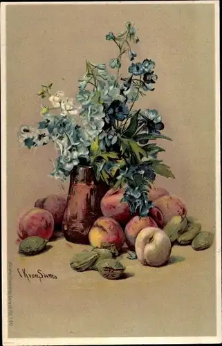 Künstler Ak v. Sivers, C.K., Stillleben, Krug mit blauen Blumen, Pfirsiche, Mandeln