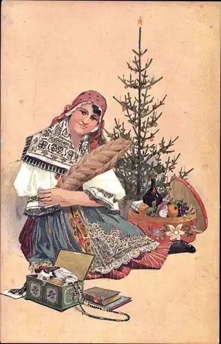 Ak Frohe Weihnachten, Tannenbaum, Frau in tschechischer Tracht, Geschenke