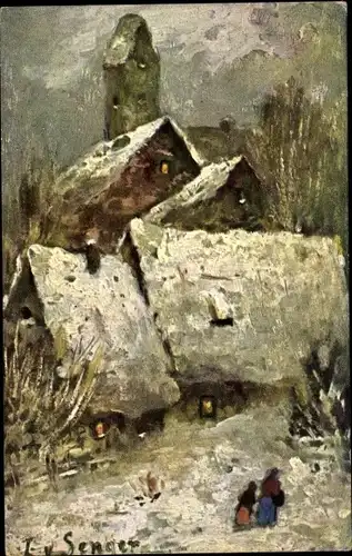 Künstler Ak v. Senger, L., Wintermotiv, Dorf