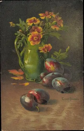 Künstler Ak v. Sivers, C., Stillleben, Vase mit Tagetes, Zwetschgen