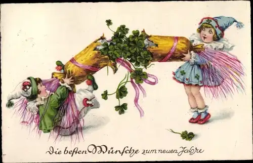 Ak Glückwunsch Neujahr, Junge und Mädchen öffnen ein Knallbonbon, Kleeblätter