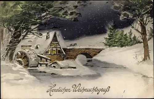 Ak Frohe Weihnachten, Verschneite Wassermühle, Nacht
