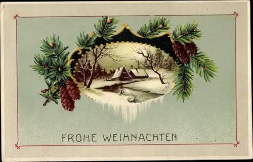 Ak Frohe Weihnachten, verschneites Dorf, Tannenzweige, Zapfen