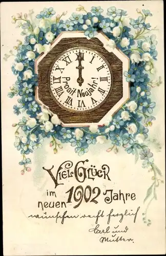 Präge Ak Glückwunsch Neujahr, 1902, Uhr, Vergissmeinnicht, Maiglöckchen