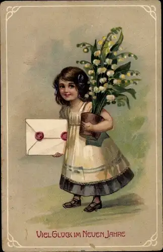 Präge Ak Glückwunsch Neujahr, Mädchen mit Maiglöckchen und Brief