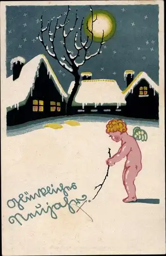 Künstler Ak Heckel, Dora, Glückwunsch Neujahr, Engel schreibt in den Schnee, Dorf, Mondschein