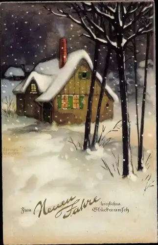 Ak Glückwunsch Neujahr, Verschneites Haus im Schneefall