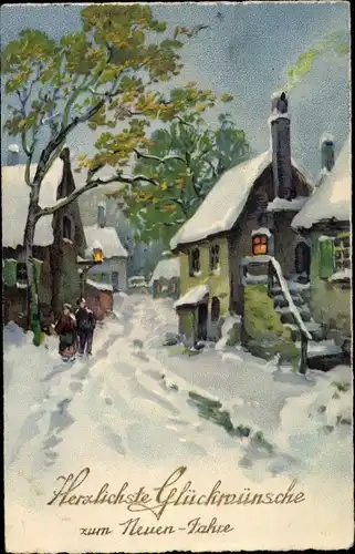 Ak Glückwunsch Neujahr, winterliche Dorfstraße