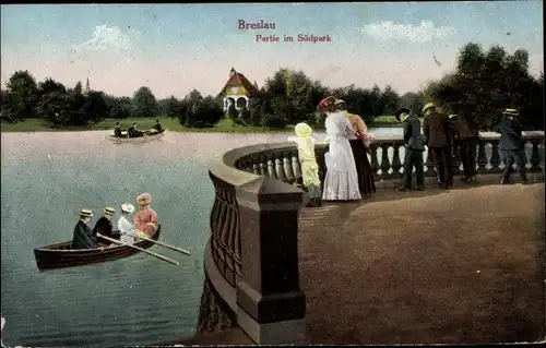 Ak Wrocław Breslau Schlesien, Partie im Südpark, Ruderboot, Ausguck
