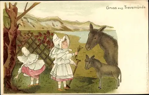 Künstler Litho Travemünde Lübeck, Mädchen füttern die Esel