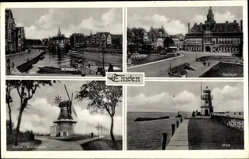 Ak Emden in Ostfriesland, Hafen, Rathaus, Windmühle, Mole, Leuchtturm, Delft