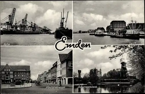 Ak Emden in Ostfriesland, Hafen, Delft, Neutorstraße, Schwanenteich