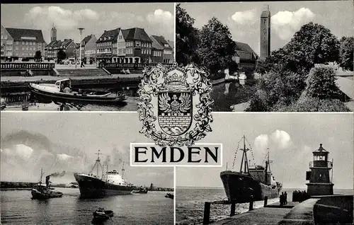 Wappen Ak Emden in Ostfriesland, Hafen, Mole, Leuchtturm, Dampfschiff