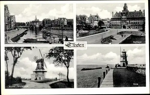 Ak Emden in Ostfriesland, Hafen, Mole, Leuchtturm, Rathaus, Delft, Windmühle