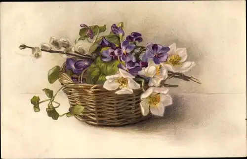 Künstler Ak Korb mit Blumen, Veilchen, Weidenkätzchen