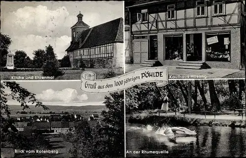 Ak Pöhlde Herzberg am Harz, Kirche, Ehrenmal, Ruhmequelle, Kaufhaus Hosang