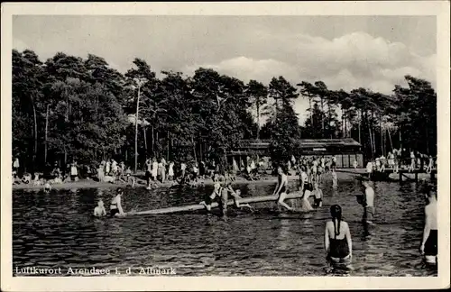 Ak Arendsee Altmark, Freibad, Wasserschaukel, Besucher